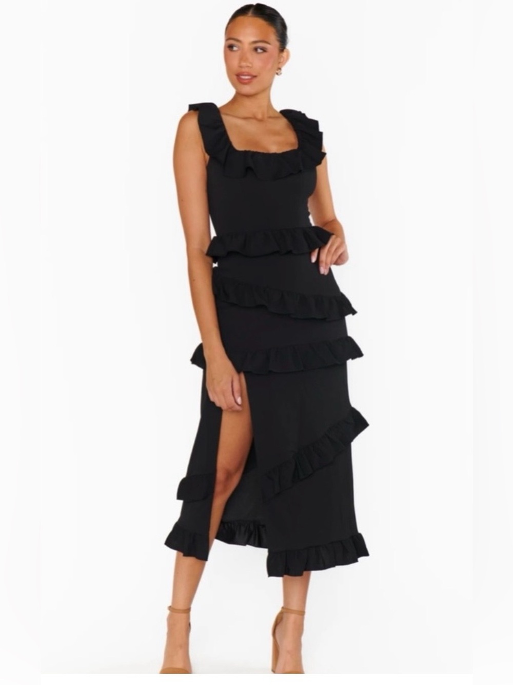 Show Me Your MuMu Black Ruffle Tiered Midi Dress